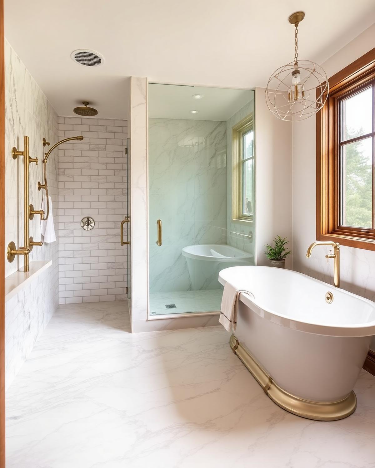 Tiled bathroom with a curbless shower and continuous floor tile
