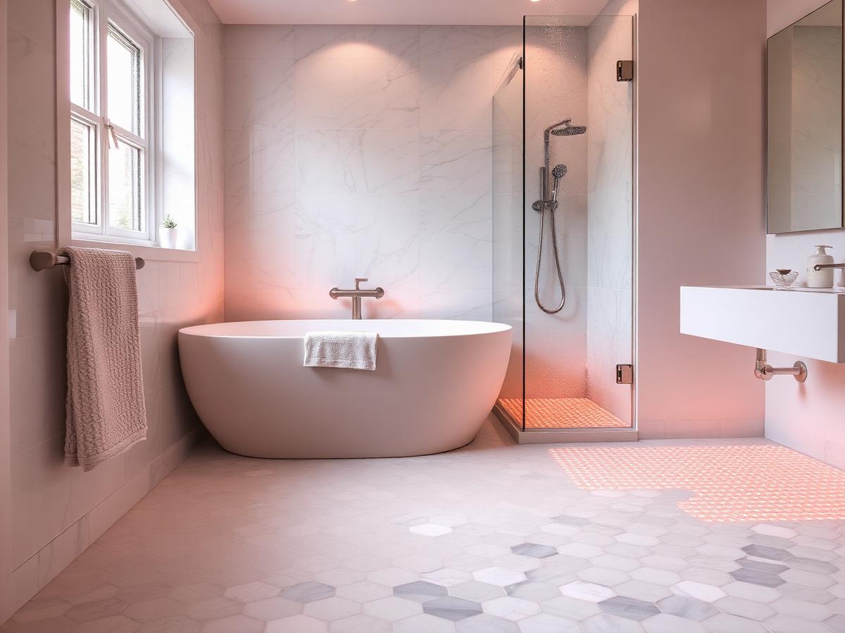 Bathroom floor tile over an electric radiant heating layout