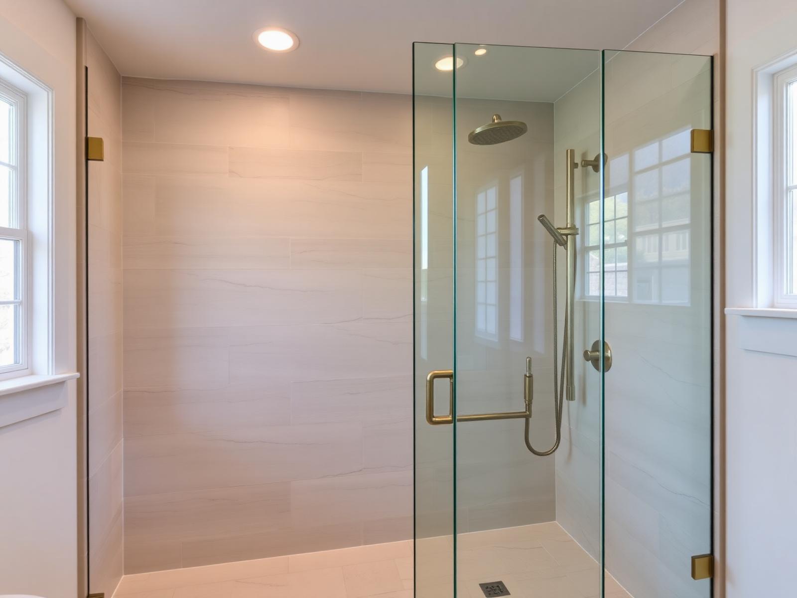 Tiled walk-in shower with a niche, bench and linear drain