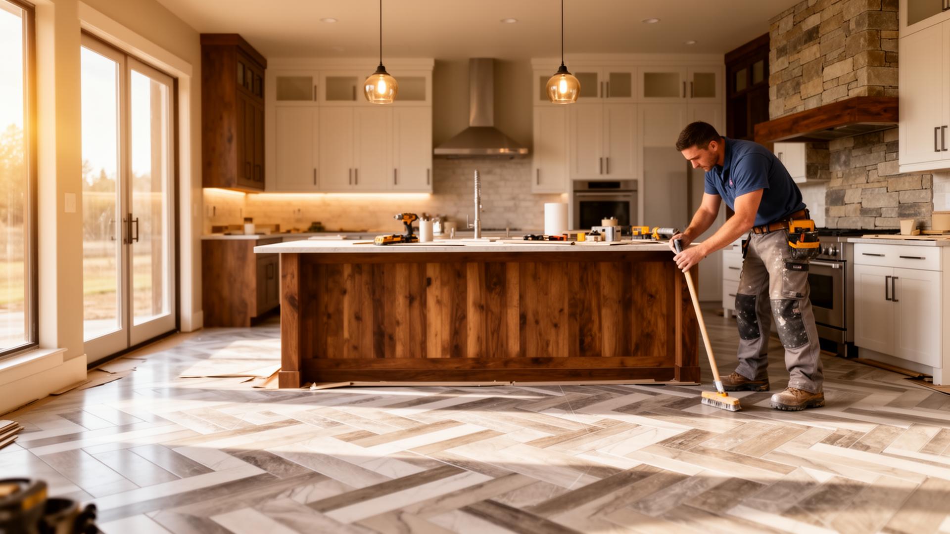 Large-format porcelain floor tile being set in mortar with spacers and a notched trowel