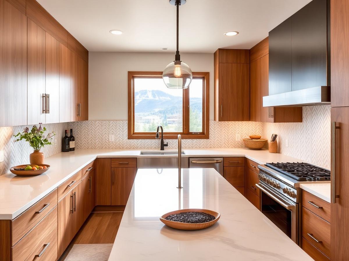 Stone tile surface with visible veining beside cabinetry